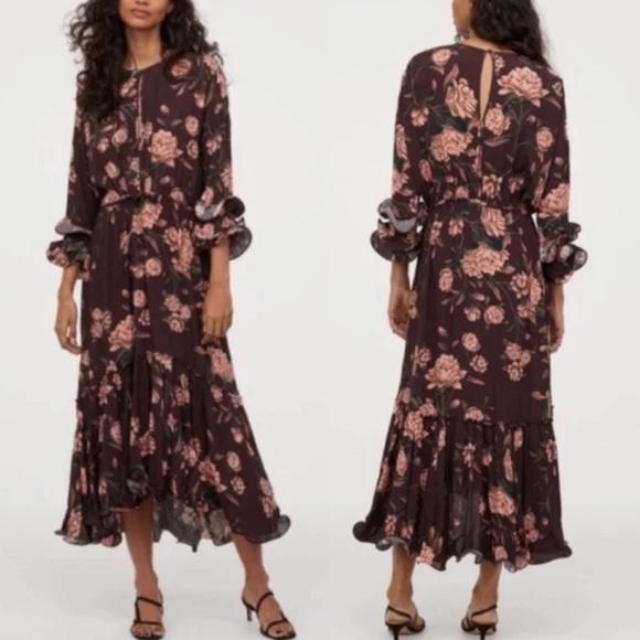 Johanna Ortiz x H&M Floral Maxi Dress with Ruffled Statement Sleeves Brown XS - Picture 4 of 14